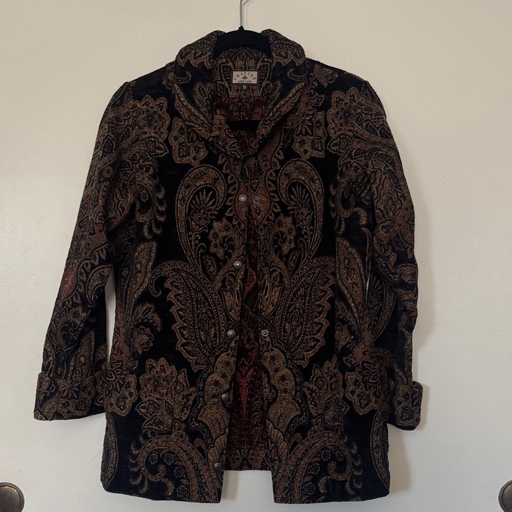 Vintage Crafted with Love Tapestry Cuffed Jacket